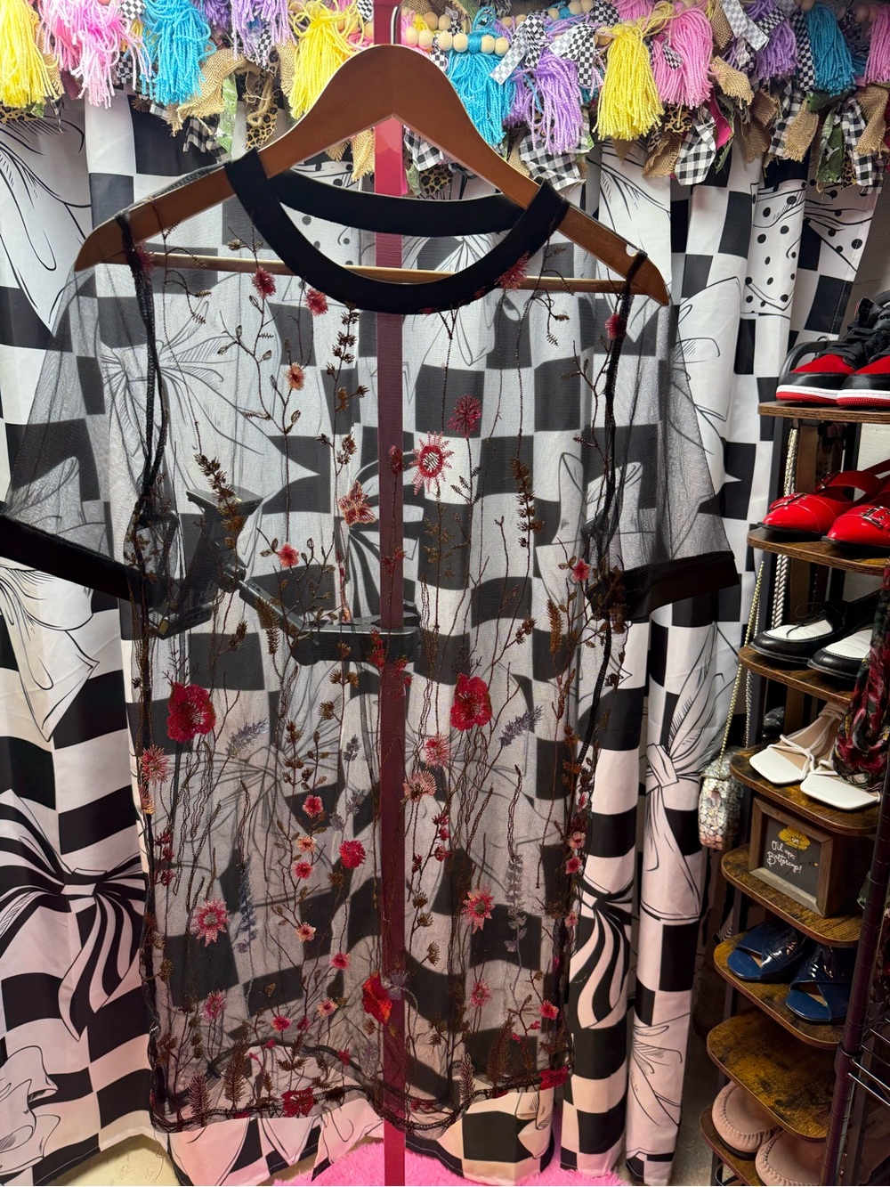 Sheer Black Floral Embroidered Short Sleeve Top/Tunic